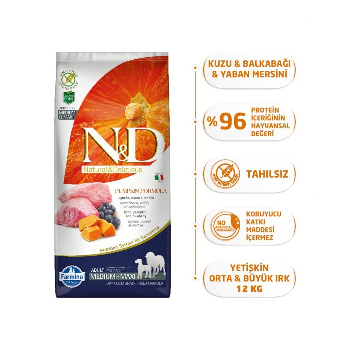 N&D Pumpkin Tahılsız Bal Kabaklı, Kuzu Etli Ve Yaban Mersinli Orta Ve Büyük Irk Yetişkin Köpek Maması 12 Kg
